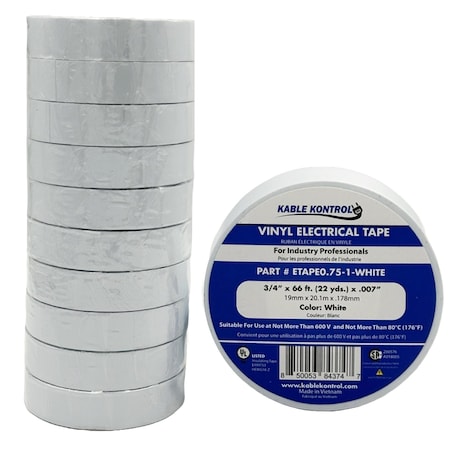 Kable Kontrol PVC Electrical Tape, 3/4'' Wide x 60' Long, Rated For 600V, WHITE ETAPE0.75-1-WHITE